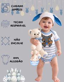 Body Bebê Menino Coelinho Touca Orelinha Conjunto Azul Fofo Páscoa Temático - Branco - Visão 8