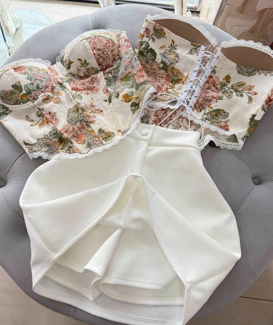 Elegant Women's Neoprene Short Skirt With Button - Style - Cream - View 1