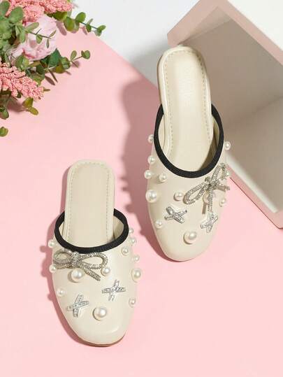 Fashionable Elegant Pearl Rhinestone Bow Slip-On Flats, Comfortable & Non-Slip, Suitable For Indoor/Outdoor Wear, For Girls