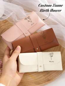 1pc Personalized PU Leather Glasses Case, Custom Engraved Name Fashion Glasses Pouch, Slim Portable Eyeglasses Holder, Travel Spectacle Protector Gift - Pink - View 1