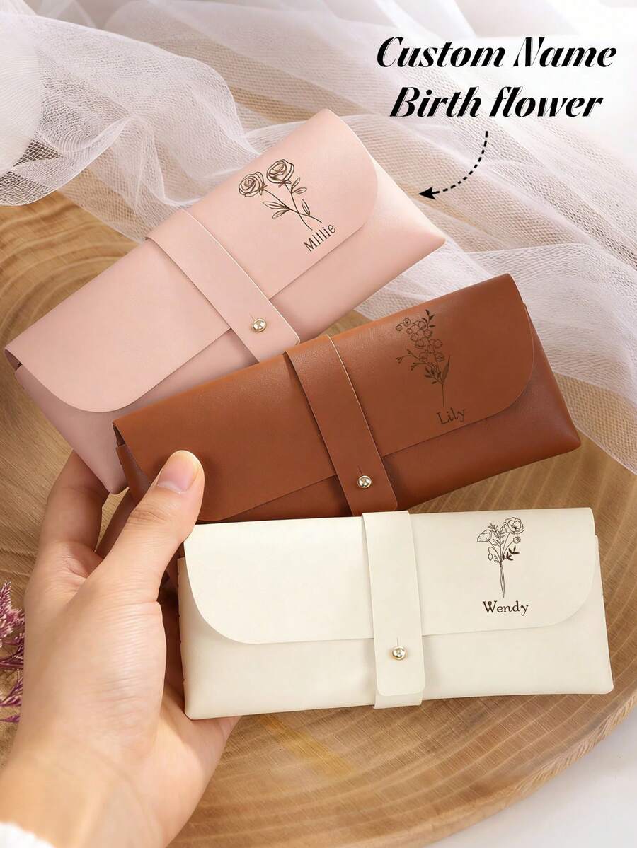 1pc Personalized PU Leather Glasses Case, Custom Engraved Name Fashion Glasses Pouch, Slim Portable Eyeglasses Holder, Travel Spectacle Protector Gift - Pink - View 1