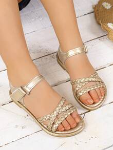2026 New Arrival Summer Fashionable Shiny Gold Woven Strap Women Sandals - Gold - View 1