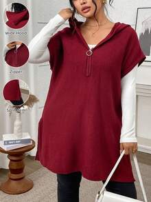 Women's Fashionable Loose Hooded Sleeveless Mid-Length Pullover Spring - Red - View 2