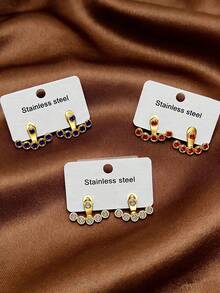 3 pares de pendientes con forma de abanico de acero inoxidable con rhinestones, pendientes ajustables de personalidad de diseño minimalista y de lujo versátiles para mujeres, con uso delantero y trasero desmontable - Multicolor - Ver 12