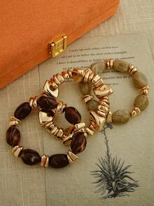 3pcs/Set Vintage Boho Style Thick Multi-Layer Brown Acrylic Beaded Bracelet, Luxury High-End For Women, Couples, Party, Daily Wear - Multicolor - View 3