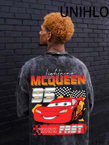 Disney Lightning McQueen 95  Printed Summer Heavyweight Retro Washed Street Fashion Casual T-Shirt - màu đen - Xem 2