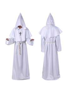 1 Set Medieval Hooded Cloak Monk Robe Wizard Priest Costume For Halloween Cosplay, Includes Robe + Hood + Belt + Necklace - Red - View 7