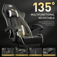 HLDIRECT Gaming Chair, Ergonomic Computer Office Chair With Lumbar Support Footrest Headrest, Adjustable Height & Backrest Angle Video Gamer Chair, PU Leather, 360° Swivel, Adult,Black And White - 黑與白 - 查看 5