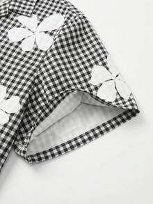 男士格子印花衬衫，宽松黑白格子上衣，方领领衬衫，街头风印花衬衫 - 彩色 - 查看 5