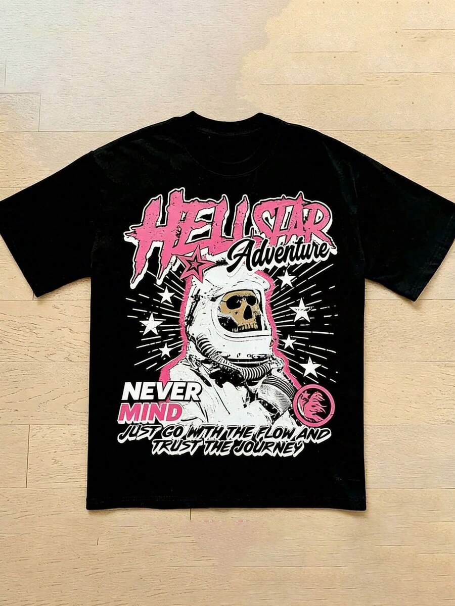 Hellstars Adventure Astronaut Skull Y2K Graphic T-Shirt,220g 100% Cotton,Round Neck Short Sleeve,Black Streetwear Essential For Summer Going Out,Unisex Style - Black - View 1