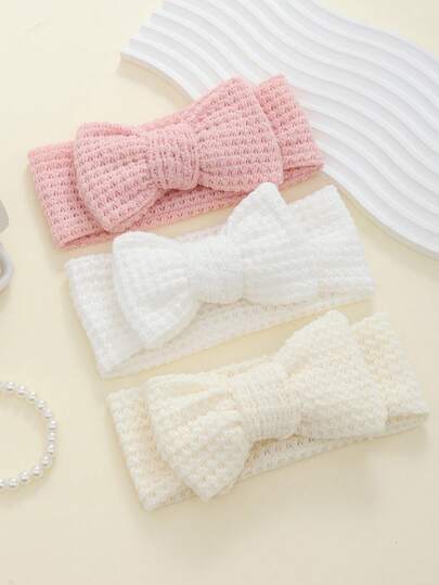 3pcs/Set Multicolor Infant & Toddler Knitted Elastic Headbands With Big Bow, Soft & Skin-Friendly, Sweet Style, Suitable For All Seasons, Great For Photos & Gifts