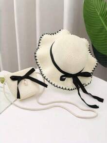 2件套蝴蝶结草编包和帽子，夏季女童大帽檐草帽，户外防晒沙滩公主风蝴蝶结帽 - 彩色 - 查看 9
