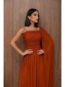Long, One-Shoulder Party Dress In Dark Nude, Flowing Style, For Bridesmaids/Dates/Graduations/Guests. - Terrakotta - Visa 4