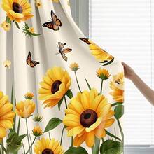 2pcs/Set Country Style Curtains, Butterfly & Sunflower Pattern, Rod Pocket Design For Privacy Protection, Polyester Fabric, Suitable For Seasonal Party & Holiday Decor, Applicable To Bedroom, Living Room, Tea Room, Dining Room And More. 2D Pattern Design, Spring Decorative Curtains - Multicolor - View 6
