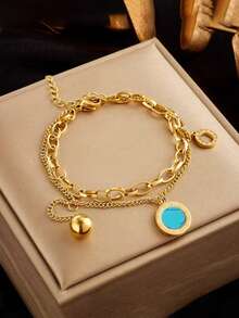 RAYQUEEN 1件优雅不锈钢手链，饰有罗马数字和绿松石镶嵌，百搭女士饰品，适合日常佩戴和派对场合，四季皆宜的配饰 - 金黃色 - 查看 7