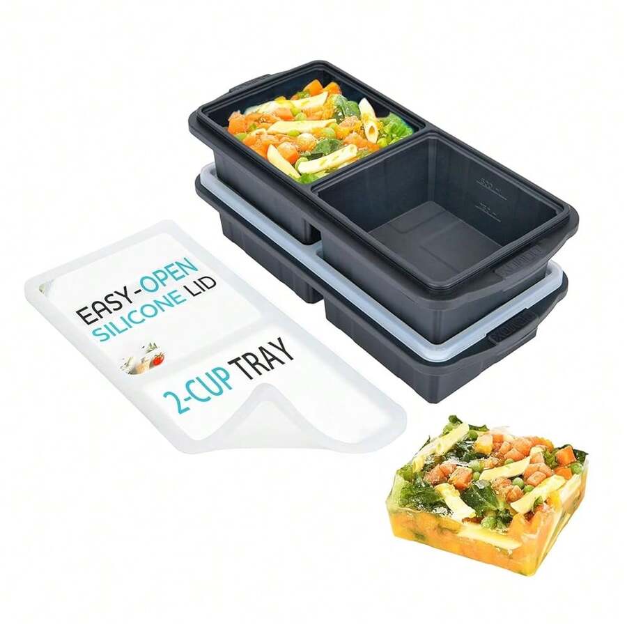 Silicone Freezer Tray With Lid-Soup Freezer Container Molds-2-Cup Extra Large Ice Cube Tray-Makes 4 Perfect 500ml Portions Cubes, For Freezing Soup,Stews,Sauces.Oven&Dishwasher-(2-Pack) - 2-cup - 查看 1