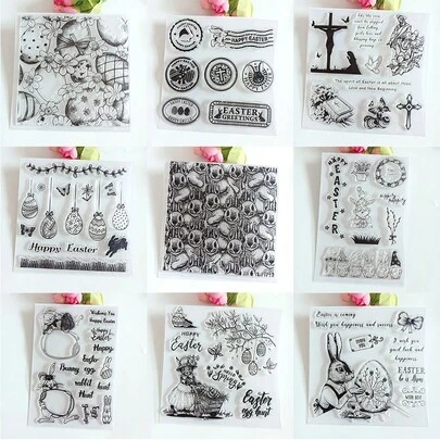 سلة زهور بشكل أرنب عيد الفصح، بيض، صليب، فراشة، طوابع شفافة للكتاب المقدس، تجميع الألبومات، صنع البطاقات، مواد ديكورية DIY