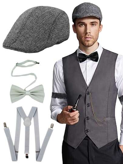 Forever & Moment 1920年代主题男士服装配饰三件套，包括：费多拉帽、盖茨比帽、可调节吊带、领结，适合角色扮演、生日派对、婚礼、鸡尾酒会、晚宴等场合。