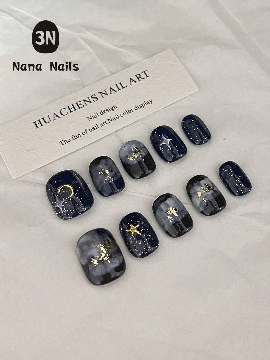 1包/10片手绘星空新月美甲贴片 | 艺术感十足、个性可爱的短款假指甲，饰以趣味星系涂鸦 - 独特设计 - 黑色 - 查看 1