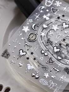 1张朋克风3D立体浮雕美甲贴纸 - 星空与爱心图案，包含星星、月亮、爱心 - 自粘聚氨酯贴纸，适合DIY美甲 - 銀色 - 查看 6