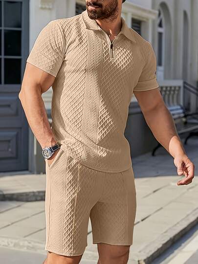Men's Casual Fashion Polo Shirt Set, Relaxed Fit Short Sleeve, Suitable For Sports And Commuting In Summer