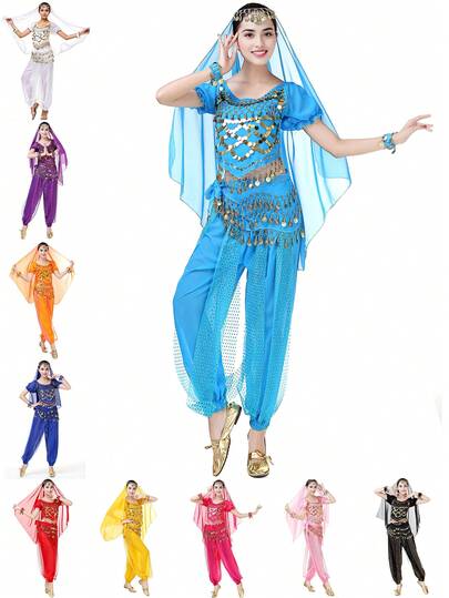 2 piezas Conjunto de disfraz de danza del vientre para mujer, incluye top de manga corta y pantalones de harén, conjunto de práctica para adultos
