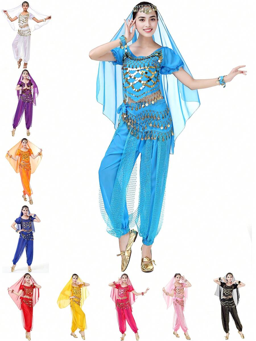两件套女士肚皮舞服装，包括短袖上衣和哈伦裤，成人练习服 - 彩色 - 查看 1