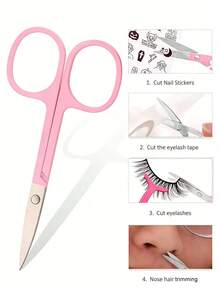 1pc Stainless Steel Eyebrow Scissors, Eyelash, Nose Hair, Beard & Facial Hair Trimmer Tool - Pink - View 6