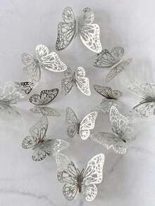 12pcs 3D Hollow Butterfly Wall Stickers, Suitable For Cake Decoration, Wedding Decoration, Living Room Home Decor, Gender Reveal Party, Halloween, Holiday Gifts, Birthday Tabletop Decor, Bedroom Decor - Silver - View 4