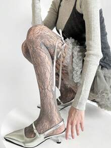 1pc Slimming Sheer Black Stockings, Sexy Fishnet Tights, Thin Lace Hollow-Out Pantyhose - Multicolor - View 12