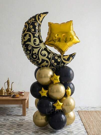 24pcs/Set 28-Inch Giant Black & Gold Moon Shape Foil Balloons, Suitable For Eid Al-Adha Party Decor, 18-Inch & 5-Inch Gold Star Balloons, 10-Inch Gold & Black Latex Balloons, Ideal For Eid Balloon Arch, Baby Shower, Birthday, Gender Reveal Party Decorations, Home Gathering Supplies