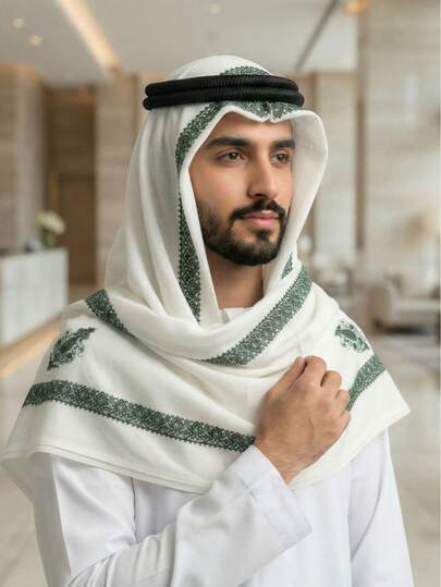 1pc Arabic Men's Embroidered Headscarf, Middle Eastern Desert Tactical Wool Scarf
