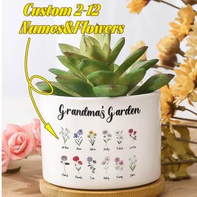1 pieza Jarrón personalizado con flor de nacimiento, regalo del Día de la Madre, jarrón con flor de nacimiento familiar, regalo para mamá, regalo de cumpleaños, regalo para nieto/a, maceta de cerámica, regalo para ella, regalo de graduación