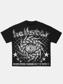 Hellstars Made From Heaven To The World All-Seeing Eye Vintage Graphic T-Shirt,220g 100% Cotton,Round Neck Short Sleeve,Black Streetwear Essential For Summer Going Out,Unisex Style - 黑色 - 查看 1