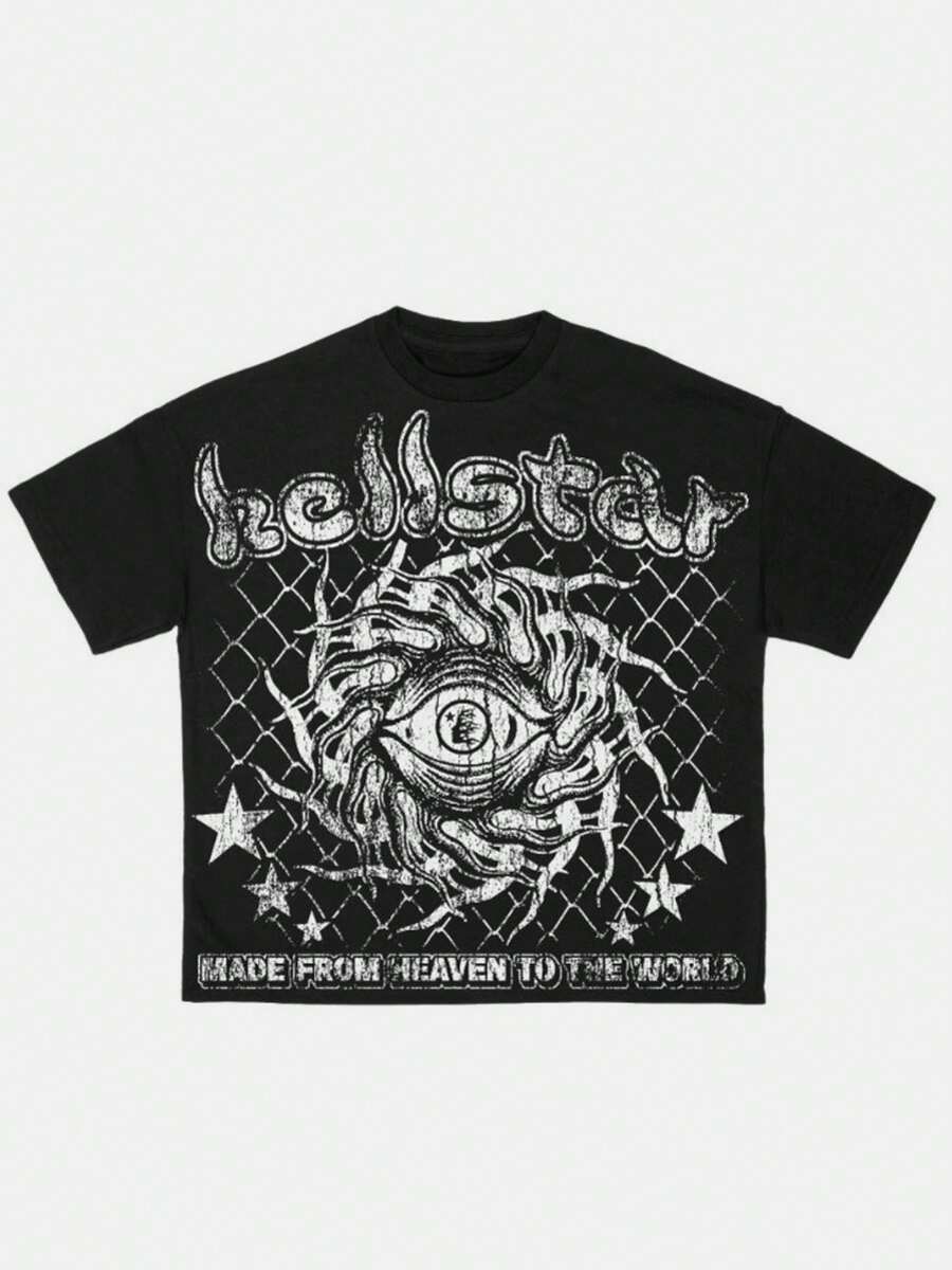 Hellstars Made From Heaven To The World All-Seeing Eye Vintage Graphic T-Shirt,220g 100% Cotton,Round Neck Short Sleeve,Black Streetwear Essential For Summer Going Out,Unisex Style - 黑色 - 查看 1