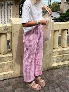 Women's Summer Casual Pants Plaid Drawstring High Waist Straight Leg Trousers Gingham Palazzo Harem Pants For Daily Wear Fashion Outfits - 粉色 - 查看 3