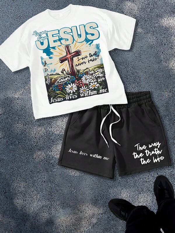Jesus Graphic Print Cotton T - Shirt & Shorts Set, Unisex,  Outfit, Suitable For Home, Commute, Office, Sports, Party