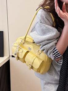 Women's Retro Solid Color PU Leather Shoulder Bag, Multi-Pocket Design, Large Capacity, With Detachable Decorative Pendant, Vintage Style , Office Bag - Yellow - View 4
