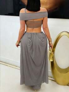 Women's Elegant Sexy Strapless Cut Out Mesh Dress - Slim Fit Off-Shoulder Sleeveless Party Dress, Stretchy Sheer Fabric Date Night Outfit - 灰褐色 - 查看 3