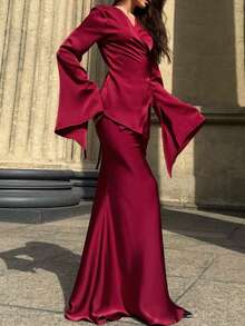 两件套女士优雅纯色长袖上衣和裙子套装 春季 - 紅色 - 查看 9