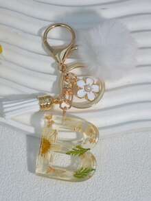 1pc White Daisy Dried Flower Letter Keychain, Embossed Tassel Pom Pom White Pearl Flower Keyring Gift - White - View 36