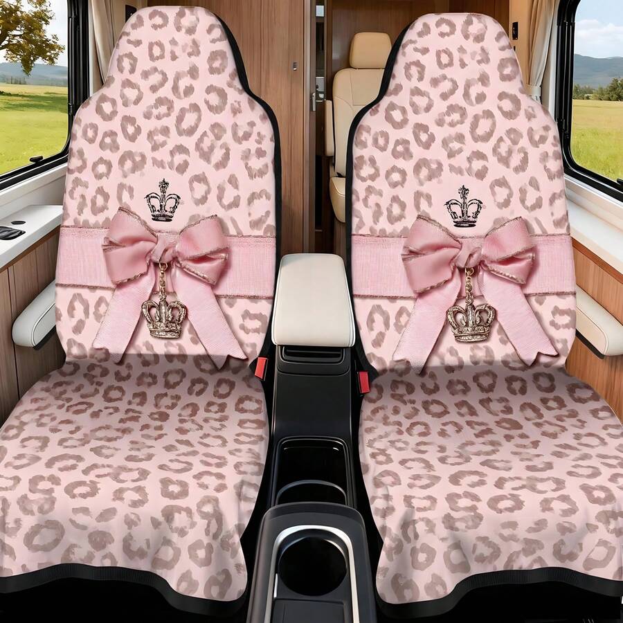 1pc Pink Leopard Print & Crown Bow Car Seat Cover - Fit For Most Vehicles, Cute Leopard Spot Design With Bow Accent, Machine-Washable Soft Protectors For, 2D Flat, Perfect Birthday Gift For Family Or Friends - Nhiều màu - Xem 1