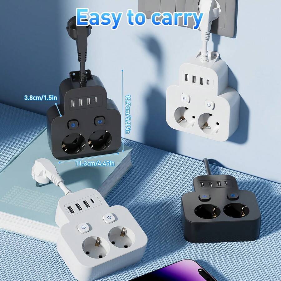 Ổ cắm điện đa năng 6 trong 1 với cổng USB, thiết kế nhiều công tắc, bộ chuyển đổi du lịch, cổng sạc USB, công tắc độc lập, có thể gắn tường, thích hợp cho văn phòng/gia đình, trạm sạc ổ cắm điện kéo dài - Phích cắm loại EU E (220-240V) - Xem 1