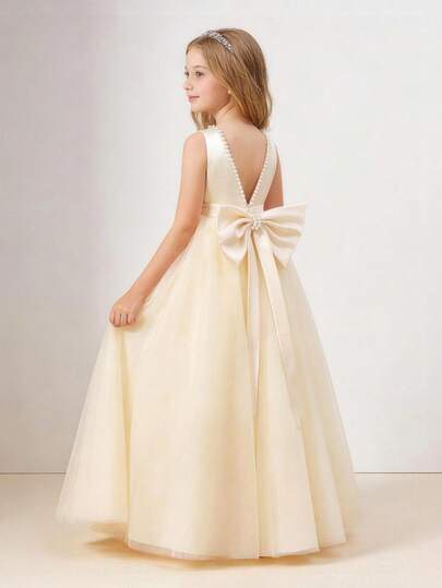 Vestido de fiesta elegante de princesa con lazo 3D con cuentas para niña preadolescente, color champán, adecuado para fiestas de cumpleaños, bailes de graduación, banquetes, niña de las flores en bodas, dama de honor