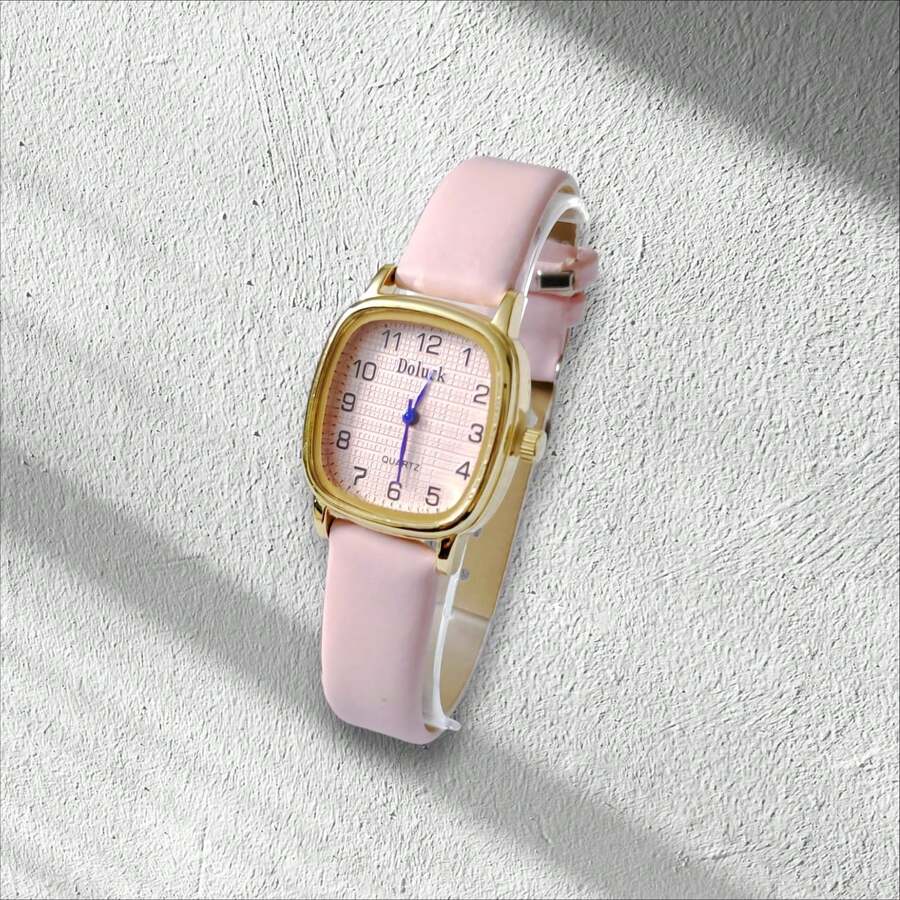 Small Square Women's Watch, Colorful Leather Strap. - Pink - View 1