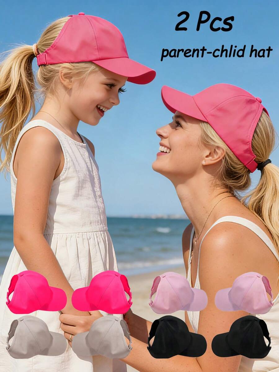 Mũ lưỡi trai buộc tóc đuôi ngựa cho bố mẹ và con cái - Có thể điều chỉnh, màu trơn, chống nắng, kiểu dáng thường ngày, thích hợp cho mùa xuân/hè, hoạt động ngoài trời hoặc đi biển. - 2 cái - Xem 1