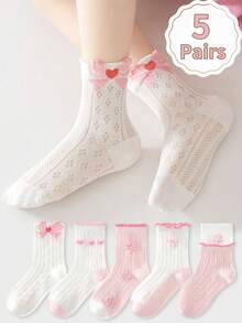5 Pairs Kids Cartoon 3D Bow Socks, Girls Toddler Breathable Mid-Calf Socks With Heart Mesh Design, Suitable For Casual Daily Wear - Multicolor - View 12