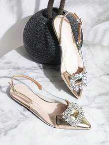 2026新款性感尖头单带金色凉鞋，法式低帮水钻平底鞋，春季必备 - 金色 - 查看 11