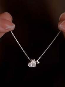 1 Zirconia Double Heart Necklace For Women, Light Luxury, Simple, Sweet, Niche, High-End, Collarbone Chain - Silver - View 2