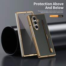 VIETAO Funda de teléfono con diseño chapado en oro con bolígrafo incorporado, patrón de fibra de carbono electrolítico para Samsung Galaxy Z Fold 7/6/5/4 - Verde - Ver 3